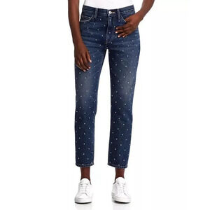 Current Elliott Womens 26 Vintage Cropped  Straight Leg Studded Dark Blue Jeans